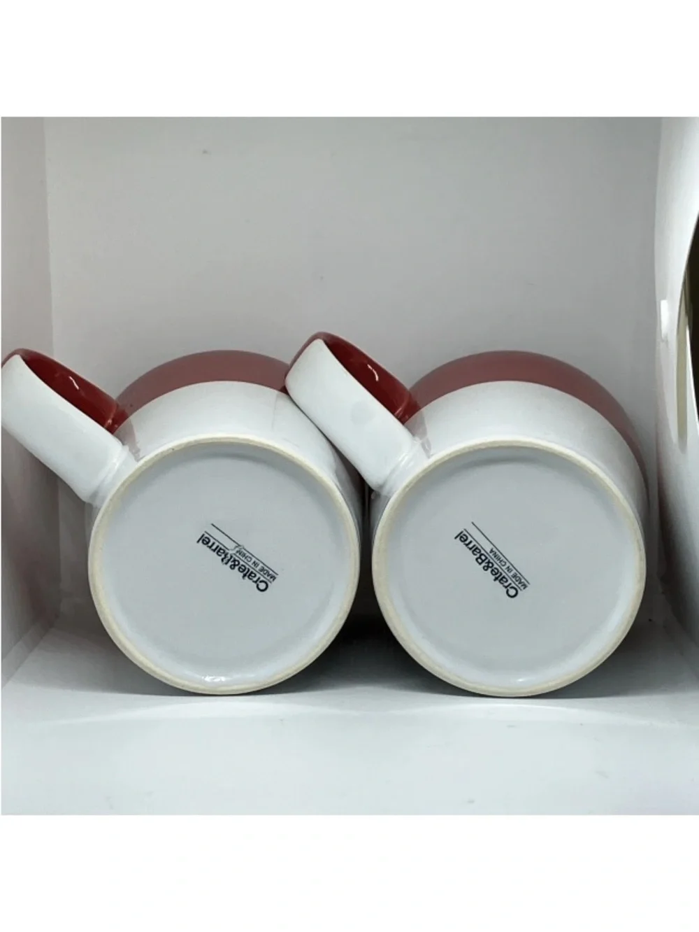 SET OF 2 Crate & Barrel Ceramic Coffee Mugs Red White Dipped Glaze 14oz Holidays